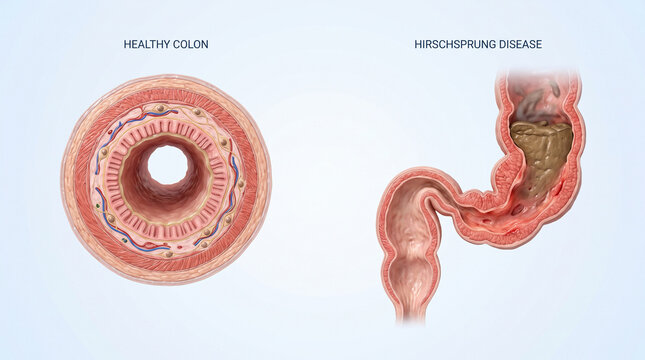 3D Medical Diagram of Healthy Colon vs Hirschsprung Disease
