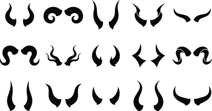 set of black devil horn shapes for halloween design