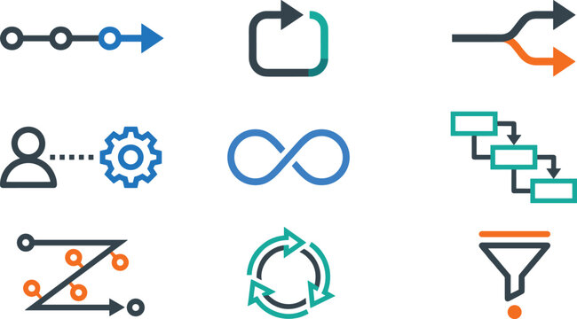 Workflow and process icon collection featuring flowcharts, automation, timeline, infinity loop, refresh cycle, and business process management symbols in flat vector style