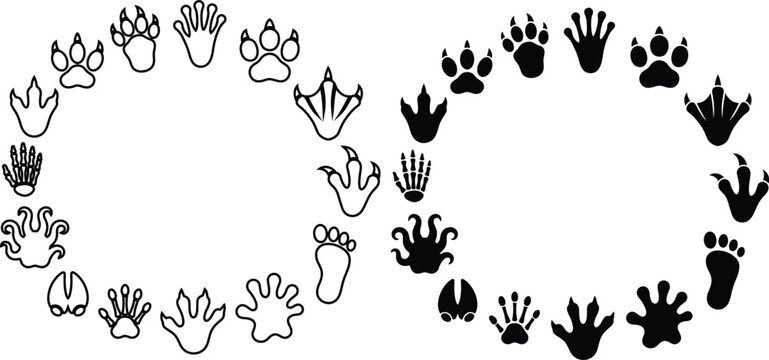 black and white animal paw prints in a circular pattern for Halloween