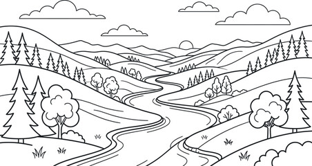 Fototapeta premium Winding river flowing through mountains landscape coloring page vector illustration
