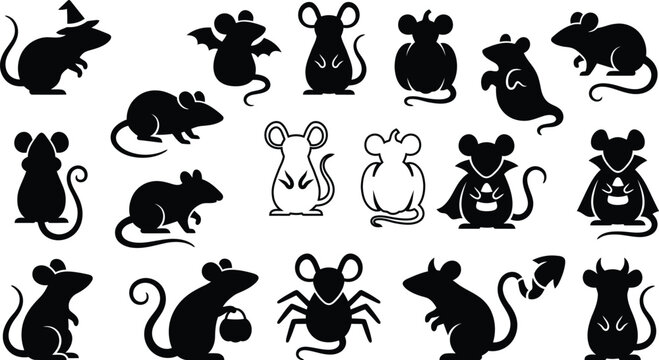 Halloween themed black silhouettes of mice in various costumes and poses for design