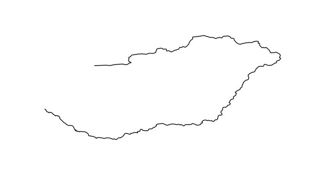 Animated outline of hungary map, drawing a continuous line from left to right on white background.