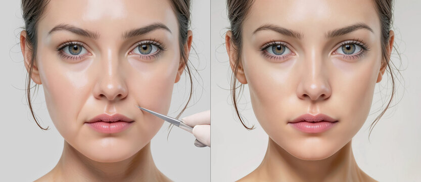 Facial contouring plastic surgery before and after set, ai generated. Comparison of face surgeon of woman with visible preoperative and postoperative appearance. Split-screen cosmetic surgery concept.