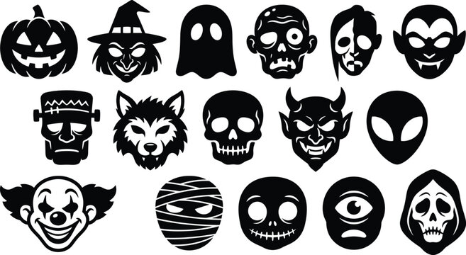 Halloween icons set with spooky faces and creatures for party decoration