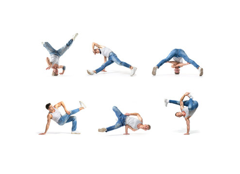 Breakdance moves tricks set, ai generated. Collection of male breakdancer performing dynamic freeze trick, power moves and floorwork, isolated on white background. Modern urban dance poses.
