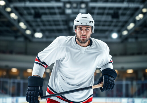 Blank white hockey jersey mockup on ice hockey player, ai generated. Male professional sportsman wearing longsleeve uniform and protective helmet while holding hockey stick on indoor ice rink.