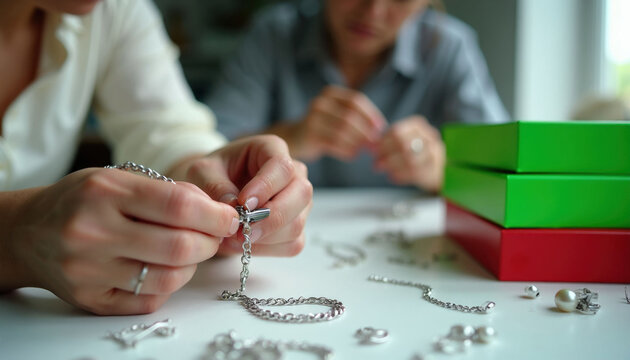 Woman artisan creates custom silver jewelry at studio table. Hands assemble metal chain links with precision focus. Creative jeweller builds unique accessories using quality materials. Pro