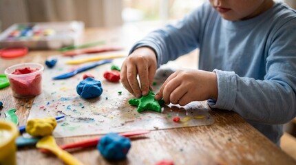 Naklejka premium Young child's hands shaping green playdough into a star on a wooden table with colorful clay and tools