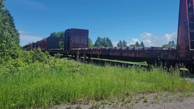 Long freight train carrying empty flatbed wagons travels through a lush rural landscape under a bright blue summer sky.