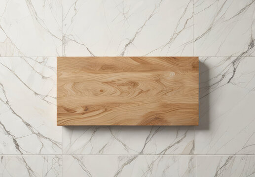Blank wooden nameplate mockup on marble background, ai generated. Rectangular wood sign mounted on white wall with natural wood grain texture. Minimal plaque for custom engraving concept.