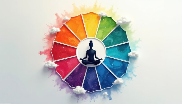 Meditating silhouette person sits in lotus position inside colorful spectrum wheel. Vibrant circular chart with rainbow segments surrounds zen human figure. Fluffy clouds float near circular palette