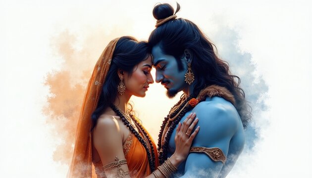 Lord Shiva, Goddess Parvati embrace in divine love on white background. Hindu deity couple touch foreheads with spiritual devotion. Indian gods wear traditional ornaments, jewelry in artistic digital