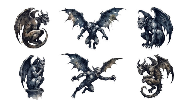 Horror Gargoyle Silhouette Vector Collection with Different Poses Isolated on Transparent Background