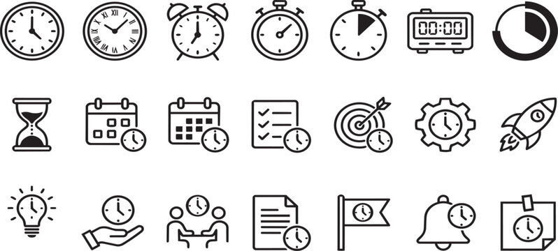 Professional collection of black line art time and schedule icons presented in a flat vector graphic style on transparent background