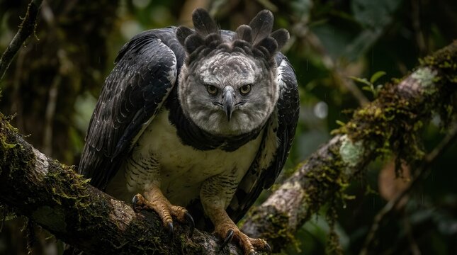 Majestic Harpy Eagle Perched on a Mossy Branch in a Lush Rainforest.
