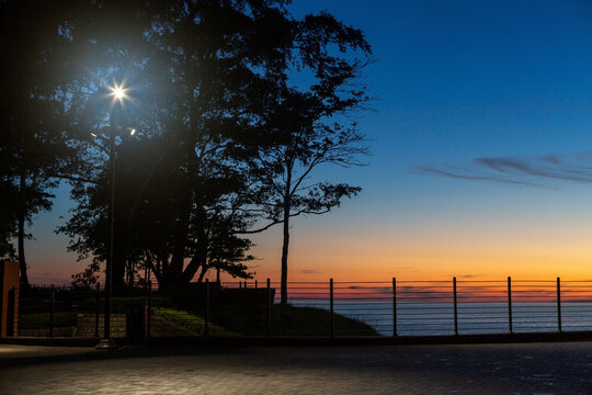Sunset view over the Baltic Sea with trees and streetlight in Svetlogorsk