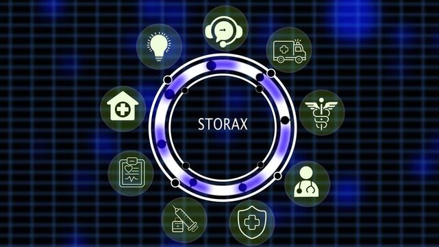 Medical healthcare HUD interface animation with Atarax Hydroxyzine text and clinical icons in 4K