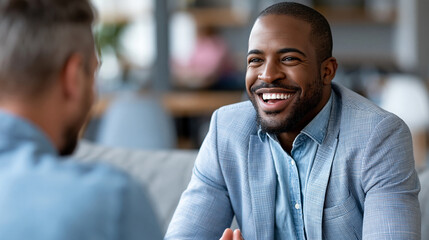 Naklejka premium Faceless therapist and happy man talking during counseling session for mental health advice and support in office, psychology concept, healthcare photography, blurred office