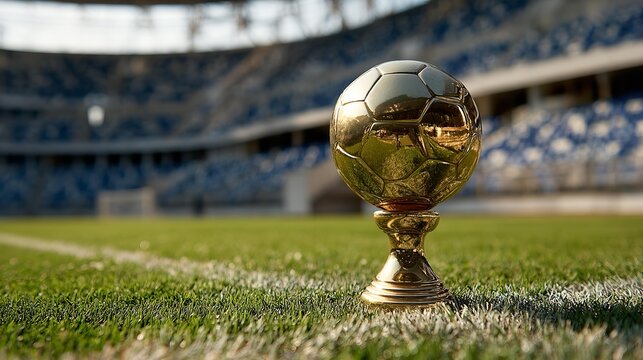 Golden trophy gleams on lush green pitch.