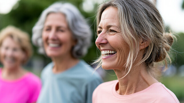 Faceless personal trainer and senior women laughing in park for retirement health and training joke representing funny coach outdoor exercise and wellness humor during workout