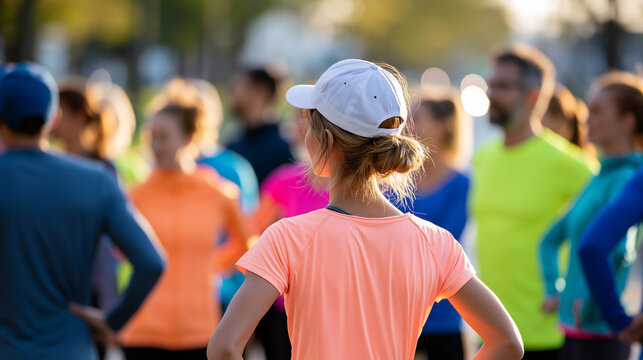 Faceless diverse group of weekend runners gathering around coach for post-run cooldown stretching circle in urban park on bright sunny morning, community fitness concept,