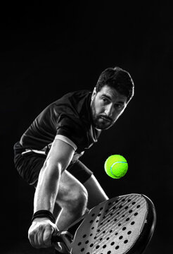 Padel player at outdoor court. Open social tour template. Mockup for social media events with copy space.