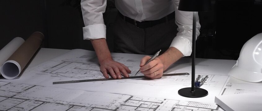 Architect hands drawing blueprint for new building design, working on infrastructure project plans at night. Business and architect people concept