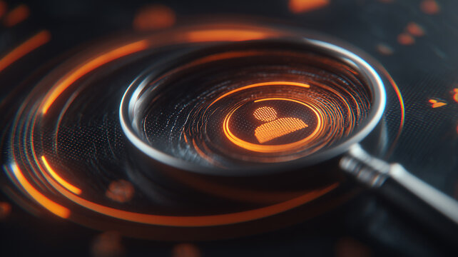 A magnifying glass examines a digital user profile, symbolizing customer analysis, identity verification, account investigation, personal data review, and secure access management.
