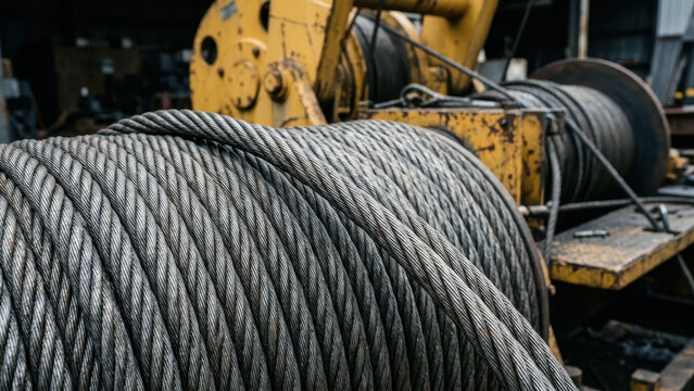 Steel wire rope wound on heavy industrial winch, coiled cable drum in machinery workshop, construction lifting equipment, metal strands texture, hoisting rigging maintenance, engineering