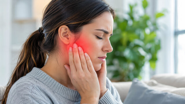 Woman experiencing jaw pain holding face, temporomandibular joint discomfort, TMJ disorder symptoms, facial pain relief, dental health issue, home setting, inflammation, pain expression