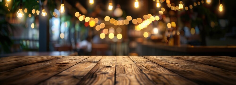 Cozy Cafe Ambiance: A rustic wooden table sits empty in a warmly lit cafe, 