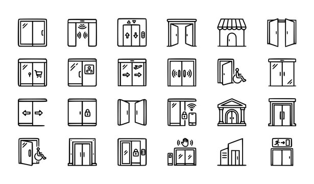Sliding door outline icon set with automatic sensor entrance glass door and editable stroke vector symbols