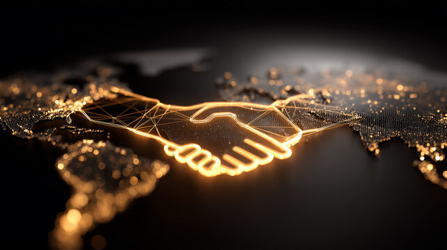 Digital handshake above a world map representing global partnership, international collaboration and trusted business agreement.
