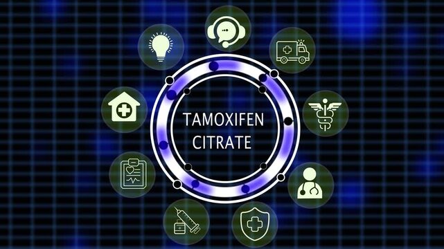 Medical animation of Tamoxifen Citrate hormone therapy drug with healthcare icons on abstract background