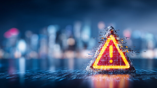 Warning symbol made of digital code on a data surface representing cyber threat alerts, system vulnerability and urgent security risk detection.
