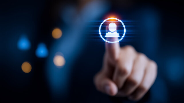 Finger selecting a user profile icon on a virtual interface representing recruitment, identity choice and customer targeting.
