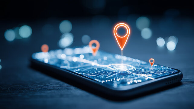 Smartphone displaying location pins on a digital map representing mobile navigation, route planning and real time geolocation services.
