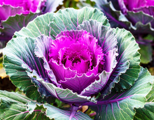 Obraz premium Color Up Purple (Brassica oleracea) cabbage plant, vibrant colors, closeup. AI