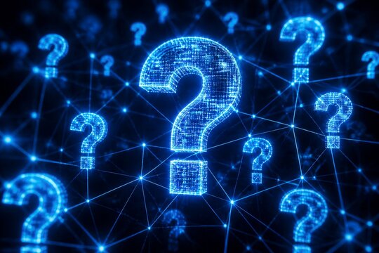 Question mark symbols glowing over digital network background
