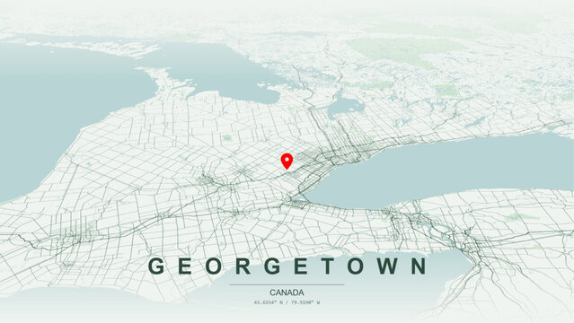 Minimalist vector map of Georgetown, Ontario. High-quality scalable illustration of Georgetown geographic boundaries within Halton Hills, Credit River, Silver Creek valley networks for posters design.