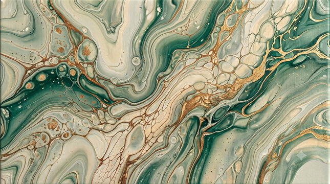 Generative AI background of abstract fluid art acrylic pour with deep emerald green and soft sage tones and metallic gold veins