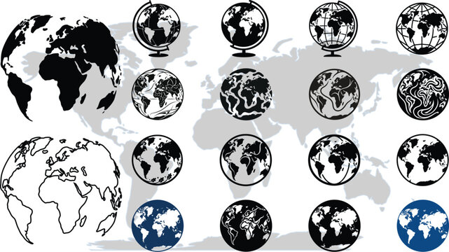 Set of Earth Globe Icons with World Map &ndash; Black and White Vector Collection