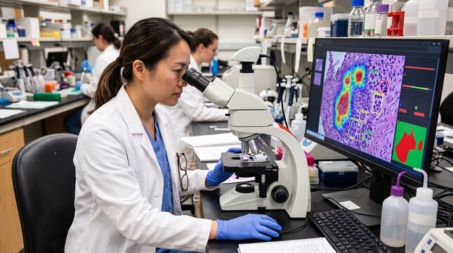 Asian female scientist examines tissue sample under microscope with AI analysis on computer screen in laboratory