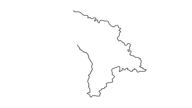 Animation drawing outline of moldova map silhouette with black thin line on white backdrop.