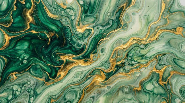 Generative AI background of abstract fluid art acrylic pour with deep emerald green and soft sage tones and metallic gold veins