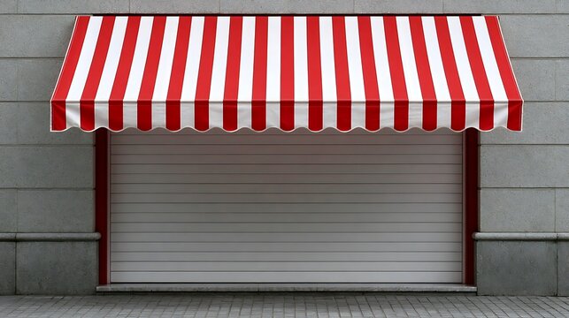 A red and white striped awning over a closed storefront door. Ideal for retail business promotion or shop facade design concepts.