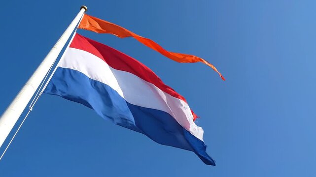 Dutch flag with orange pennant flying on a flagpole against a clear blue sky