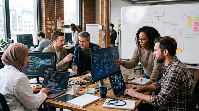Diverse team of professionals collaborating on a complex project using computers and flowcharts in a modern office setting