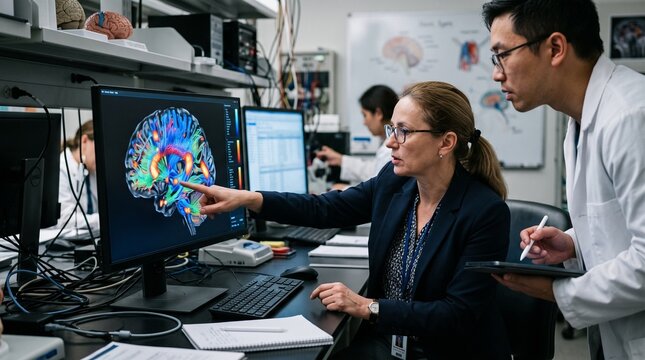Scientists analyze brain scan data on computer screen in modern laboratory setting